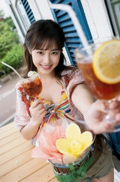 (On a table, Best quality, realistically, ultra - detailed, meticuloso, A high resolution, 8k wallpaper), Close-up portrait of a beautiful woman, Chariada, Smiling, light brown messy hair, Perfect dynamic composition, 美丽meticuloso的眼睛, Just like the cover of a fashion magazine, On campus