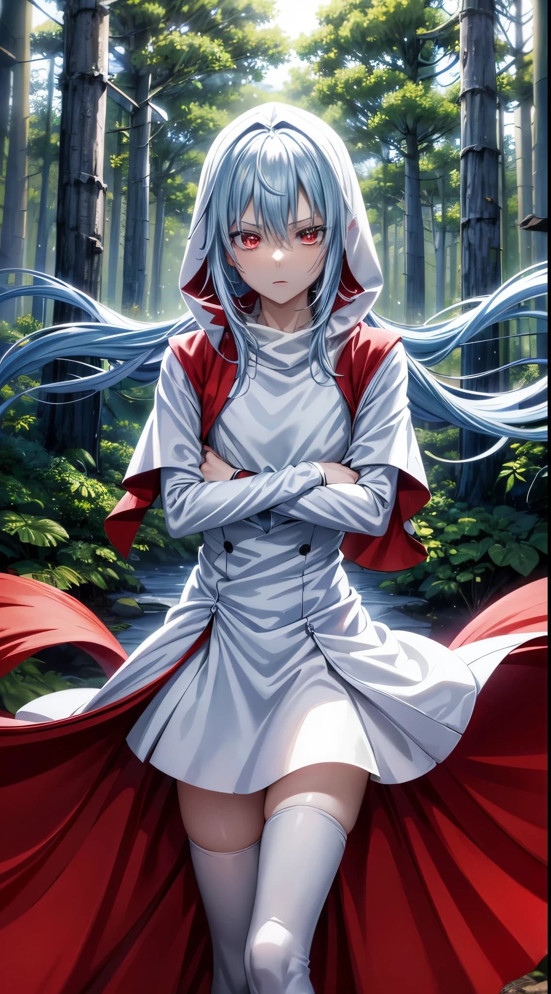 (an adult tensei shitara slime anime character) Rimuru Tempest, with prominent and piercing eyes of a (((scarlet red))), which exude an aura of cold determination and a sharp intelligence, (hair is light heavenly blue), flowing and smooth, neutral mouth, cold gaze, reflecting an unshakable personality and an indomitable spirit, The white hood that covers the character's head adds a touch of mystery and nobility, complementing his enigmatic and powerful presence, complete character, ((( setting in the forest))), white skin, highly detailed scenery, (female student outfit), (checkered skirt)