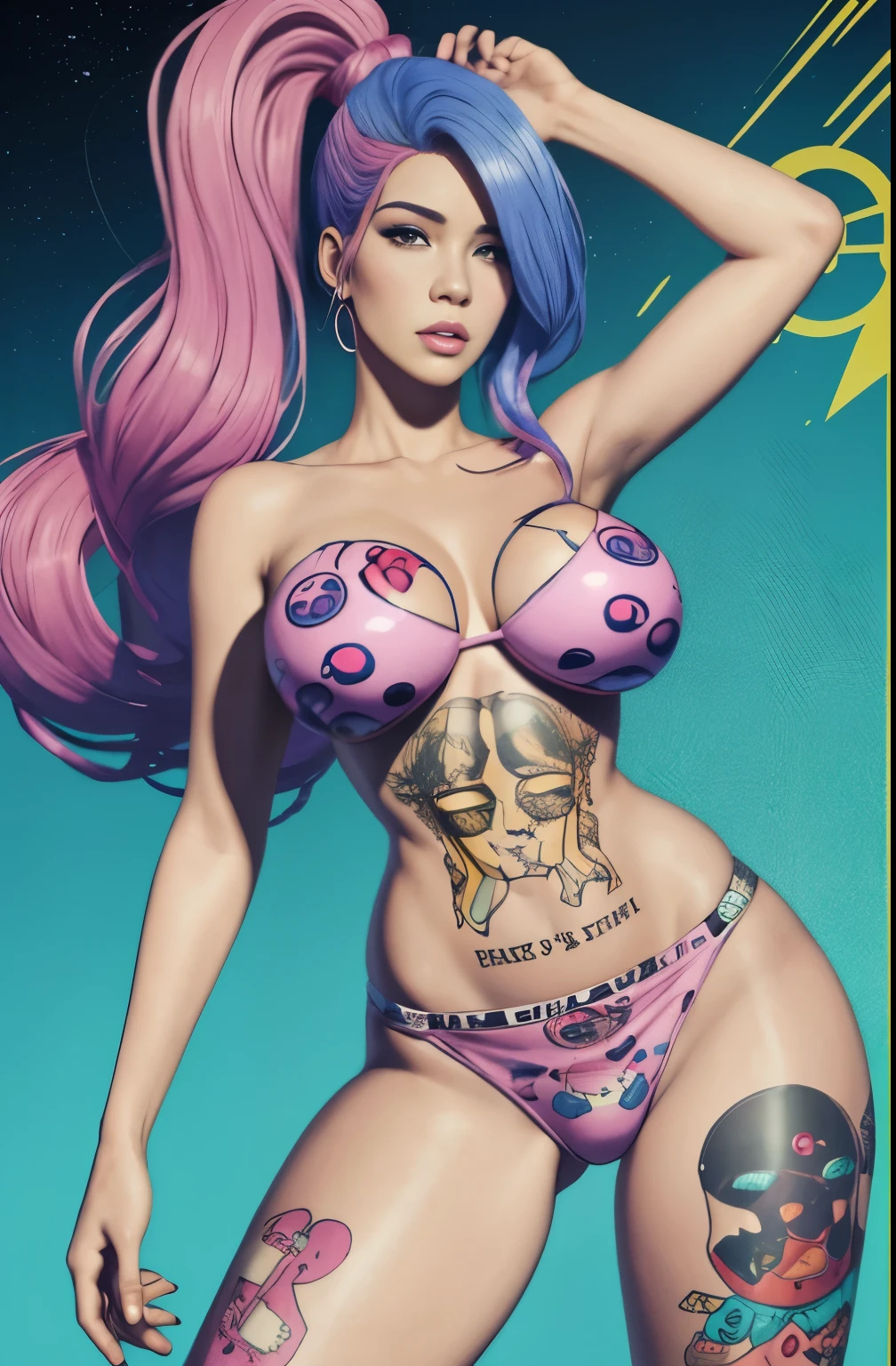 A hyper-realistic caricature of Halsey completely naked at 29 years old with big breasts, caderas grandes y cuerpo gordo en un espacio muy bonito. De humor para el videojuego "Cyberpunk 2077". Completamente pastel, fuerte contraste, claridad y muy alta calidad. high resolusion. Yves Tanguy, Ivan Kliun y Takashi Murakami. Un plano lejano. Vector art.