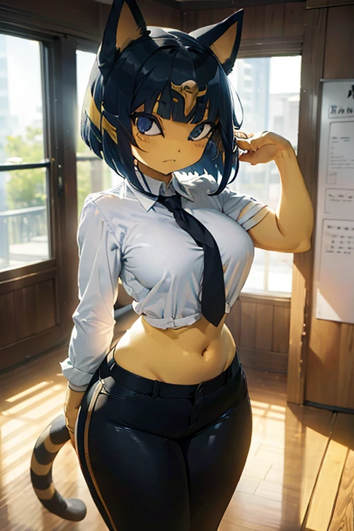 ankha, anime style, catgirl, cat ears, yellow fur, blue hair, blue cat tail, yellow stripes tail, shorts hair, wide hips, thick thighs, huge round ass, medium breast, business suit, formal suit, white shirt, long sleeve black formal suit, black necktie, black strict trouser, secretary pose, office, absurdres, high res, ultrasharp, 8K, masterpiece, looking at viewer