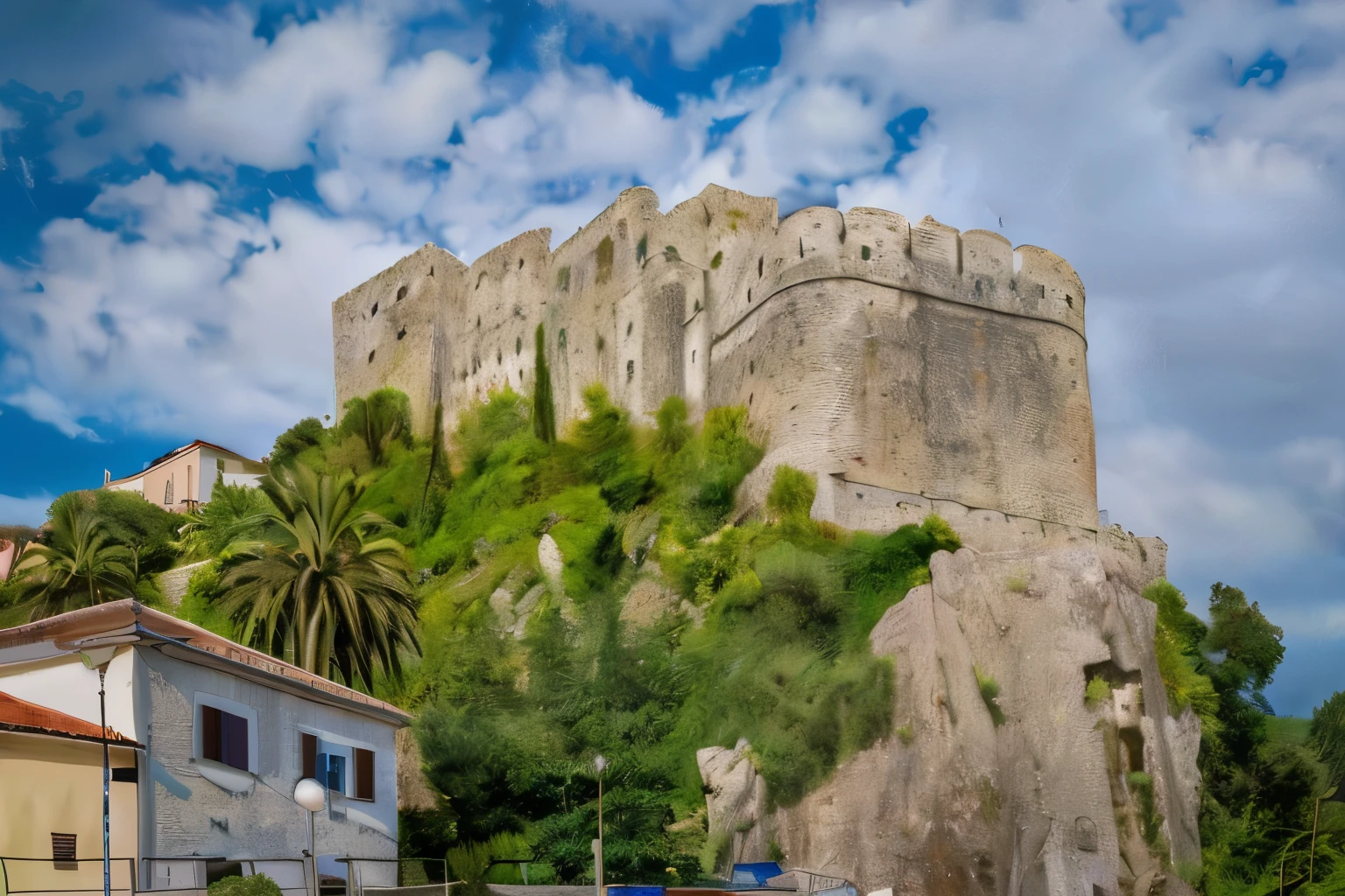 A watercolor painting of the stone fortress in Herceg Novi on a hill with a blue sky, giant castle walls, surrounding the city, fortress, city walls, old castle, castle wall, сastle on the rock, city wall, castle on the background, the castle, fortress gateway, castle on the mountain, Herceg Novi, in vibrant colors.