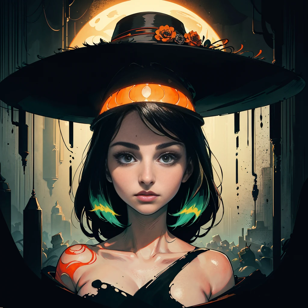 (Original art with ink:1.2),(linear art:1.31),portraitures,Natalie Portman, inside, underground room,(Depth),Giant hat,Dramatic,Poster Art,(Hyper Definition),an orange、A black、verdant,(fine lines),Horror aesthetics,composite lighting,creepy,(finely detail:1.3),RAW format,(limited pallete),clean,Convoluted