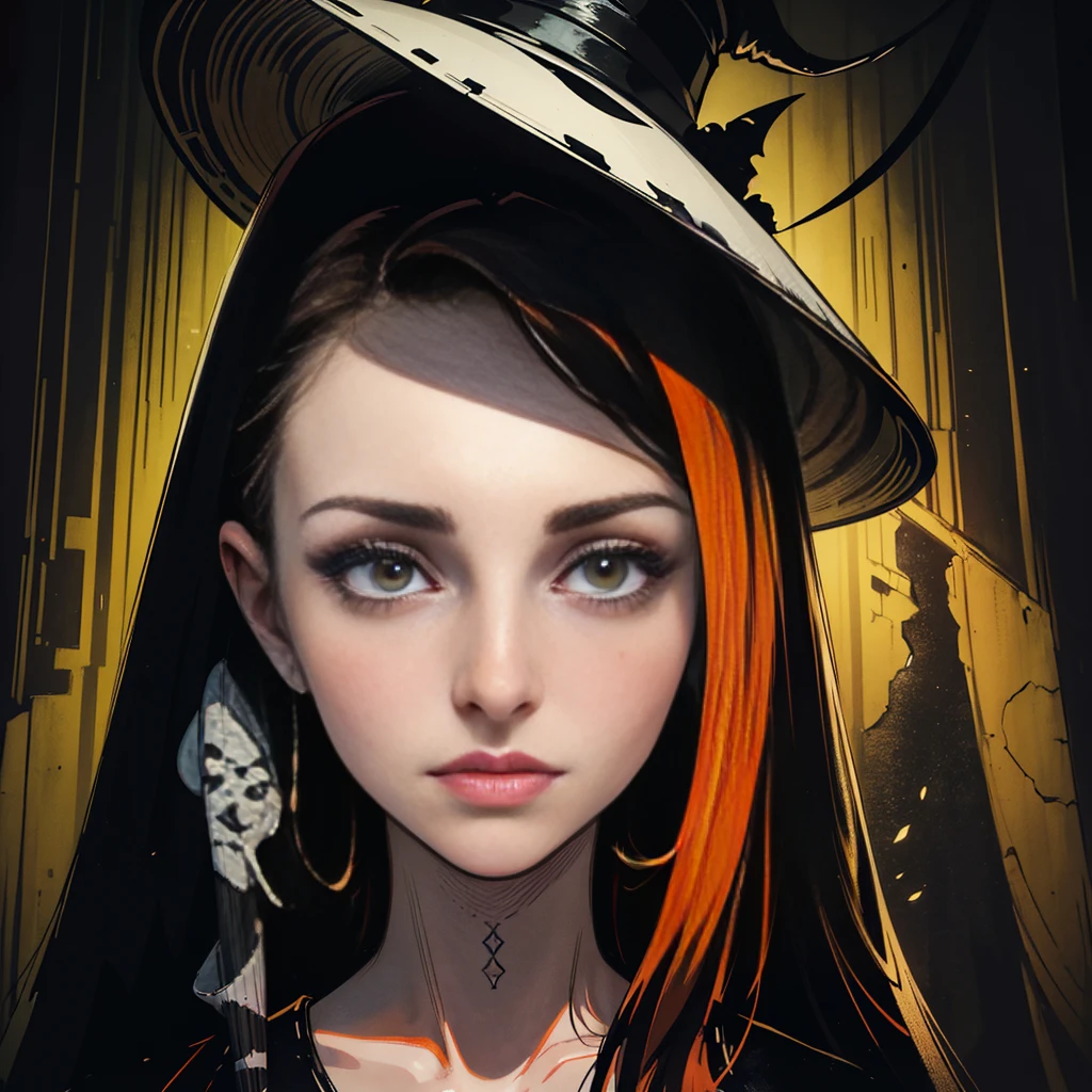 (Original art with ink:1.2),(linear art:1.31),portraitures,Natalie Portman, inside, underground room,(Depth),Giant hat,Dramatic,Poster Art,(Hyper Definition),an orange、A black、verdant,(fine lines),Horror aesthetics,composite lighting,creepy,(finely detail:1.3),RAW format,(limited pallete),clean,Convoluted