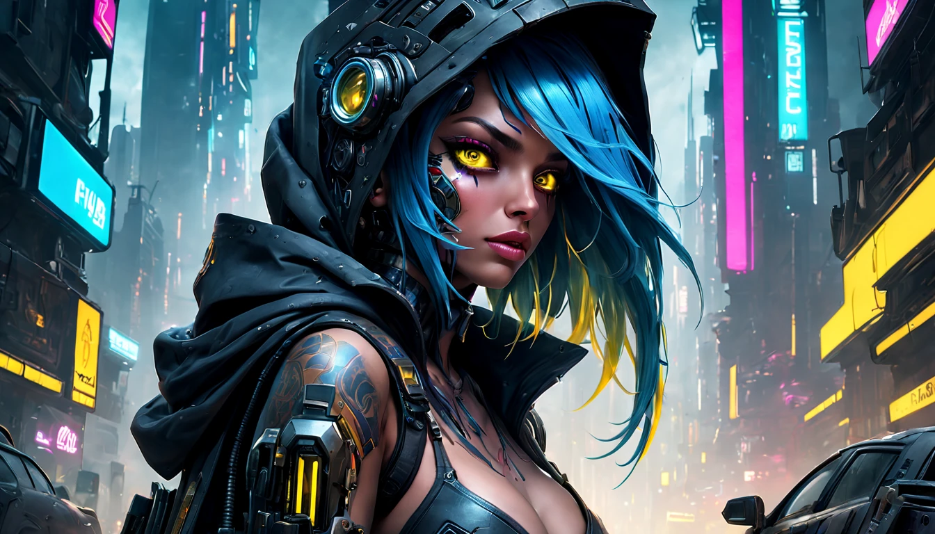 Unbeatable full body masterpiece image, Ultra photo realism, Perfect Artwork, Intricate details, Best Quality, strong lights,High contrast,((Post apocalyptic futuristic Cyberpunk , outline):1.35) , ((masterpiece)),((Extremely detailed)) , ((extremely detailed and beautiful face)) , Smoky makeup, Perfect composition , intricate detailes , neon light , neon trim, (full body Esbian:1.25) , (Official art) , Very delicately beautiful cyberpunk girl, long blue colored hair blowing in the wind, vibrant yellow eyes, long detailed eyelashes, huge enormously gigantic tits, cleavage showing, wearing highly detailed futuristic hooded battle armor, tons of tattoos and piercings(1girl:1.3) , Solo , (glass screen:1.2) , (Clear glass) , Tindall Effect , Colorful refraction , visual impact , (High light contrast) , Colorful , Melt , (Cyberpunk:1.2) ,(flinch :1.4) ,
