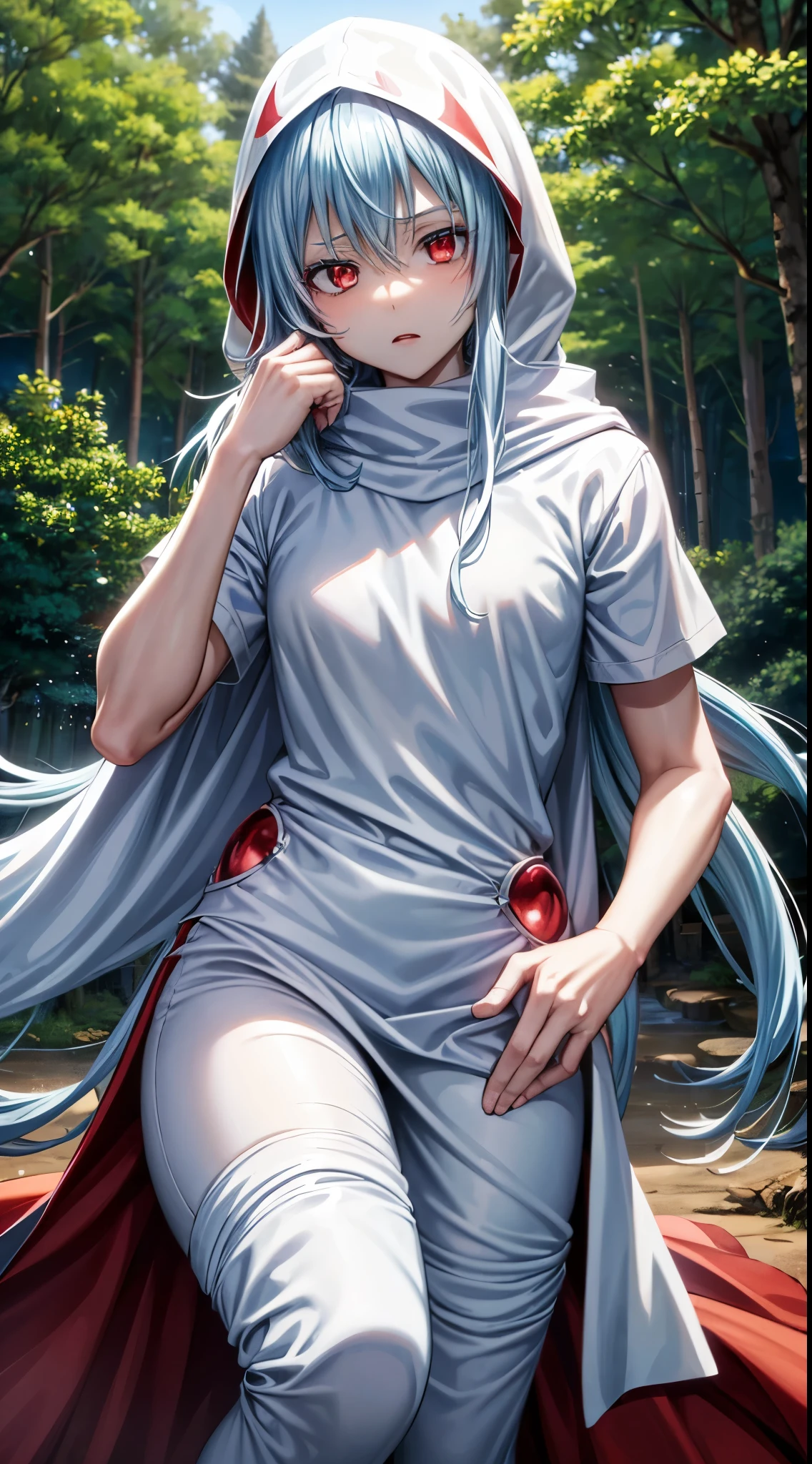 (an adult tensei shitara slime anime character) Rimuru Tempest, with prominent and piercing eyes of a (((scarlet red))), which exude an aura of cold determination and a sharp intelligence, (hair is light heavenly blue), flowing and smooth, neutral mouth, cold gaze, reflecting an unshakable personality and an indomitable spirit, The white hood that covers the character's head adds a touch of mystery and nobility, complementing his enigmatic and powerful presence, complete character, ((( setting in the forest))), white skin, highly detailed scenery, (student outfit), (checkered skirt)