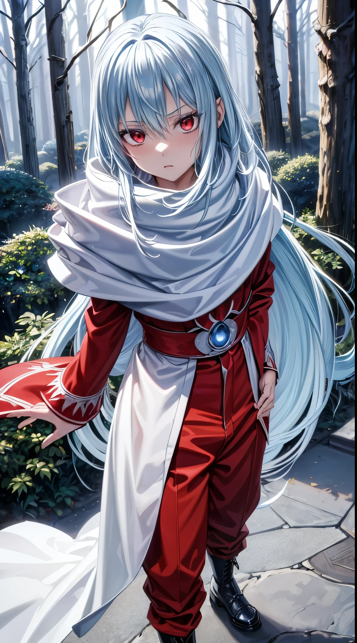(an adult tensei shitara slime anime character) Rimuru Tempest, with prominent and piercing eyes of a (((scarlet red))), which exude an aura of cold determination and a sharp intelligence, (hair is light heavenly blue), flowing and smooth, neutral mouth, cold gaze, reflecting an unshakable personality and an indomitable spirit, The white hood that covers the character's head adds a touch of mystery and nobility, complementing his enigmatic and powerful presence, complete character, ((( setting in the forest))), white skin, highly detailed scenery, (student outfit), (checkered skirt)