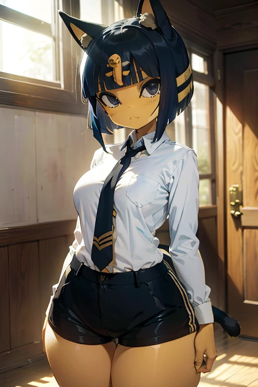 ankha, anime style, catgirl, cat ears, yellow fur, blue hair, blue cat tail, yellow stripes tail, shorts hair, wide hips, thick thighs, huge round ass, medium breast, business suit, formal suit, white shirt, long sleeve black formal suit, black necktie, black strict trouser, secretary pose, office, absurdres, high res, ultrasharp, 8K, masterpiece, looking at viewer