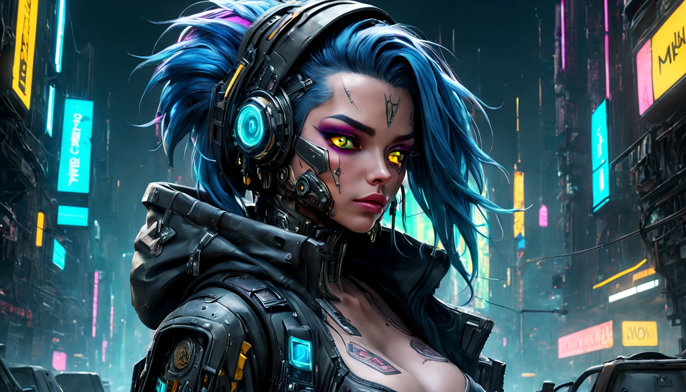 Unbeatable full body masterpiece image, Ultra photo realism, Perfect Artwork, Intricate details, Best Quality, strong lights,High contrast,((Post apocalyptic futuristic Cyberpunk , outline):1.35) , ((masterpiece)),((Extremely detailed)) , ((extremely detailed and beautiful face)) , Smoky makeup, Perfect composition , intricate detailes , neon light , neon trim, (full body Esbian:1.25) , (Official art) , Very delicately beautiful cyberpunk girl, long blue colored hair blowing in the wind, vibrant yellow eyes, long detailed eyelashes, huge enormously gigantic tits, cleavage showing, wearing highly detailed futuristic hooded battle armor, tons of tattoos and piercings(1girl:1.3) , Solo , (glass screen:1.2) , (Clear glass) , Tindall Effect , Colorful refraction , visual impact , (High light contrast) , Colorful , Melt , (Cyberpunk:1.2) ,(flinch :1.4) ,