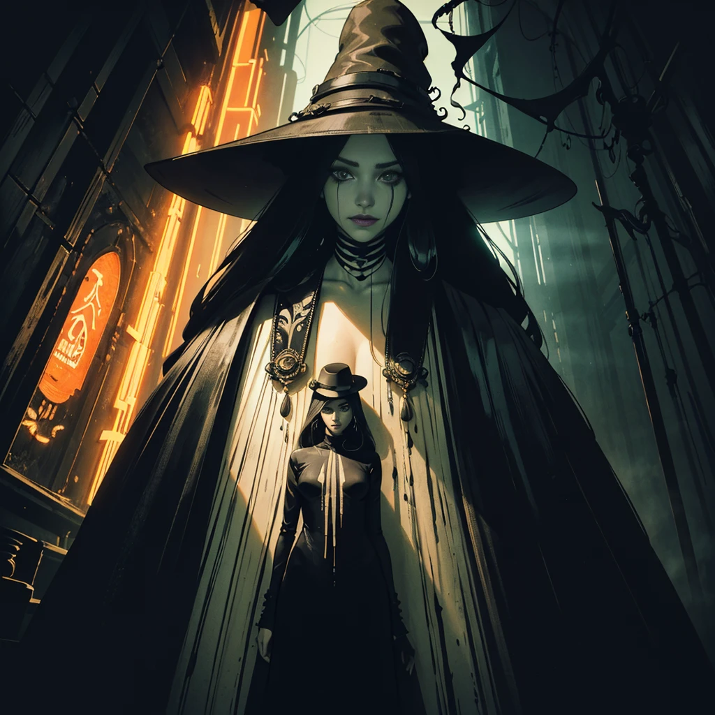(Original art with ink:1.2),(linear art:1.31),portraitures,Jennifer Garner, inside, underground room,(Depth),Giant hat,Dramatic,Poster Art,(Hyper Definition),an orange、A black、verdant,(fine lines),Horror aesthetics,composite lighting,creepy,(finely detail:1.3),RAW format,(limited pallete),clean,Convoluted