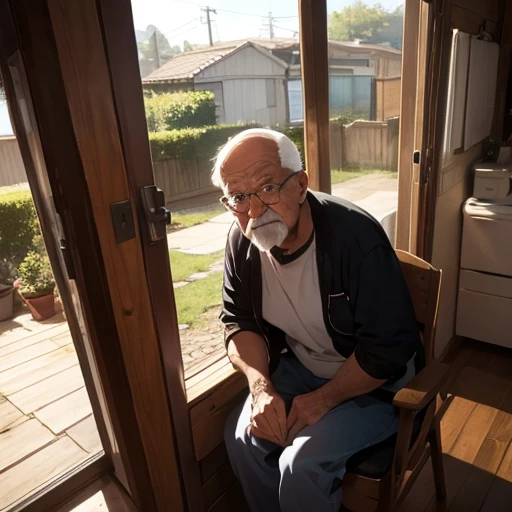 An old man at his house
