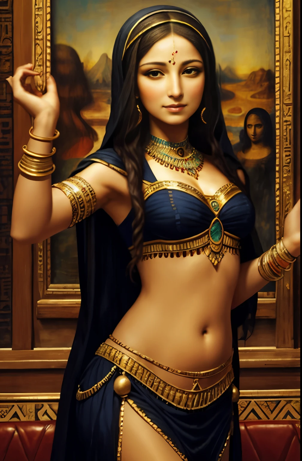 Woman wearing a belly dance in Egyptian coffee shop, her face is the Mona Lisa painting