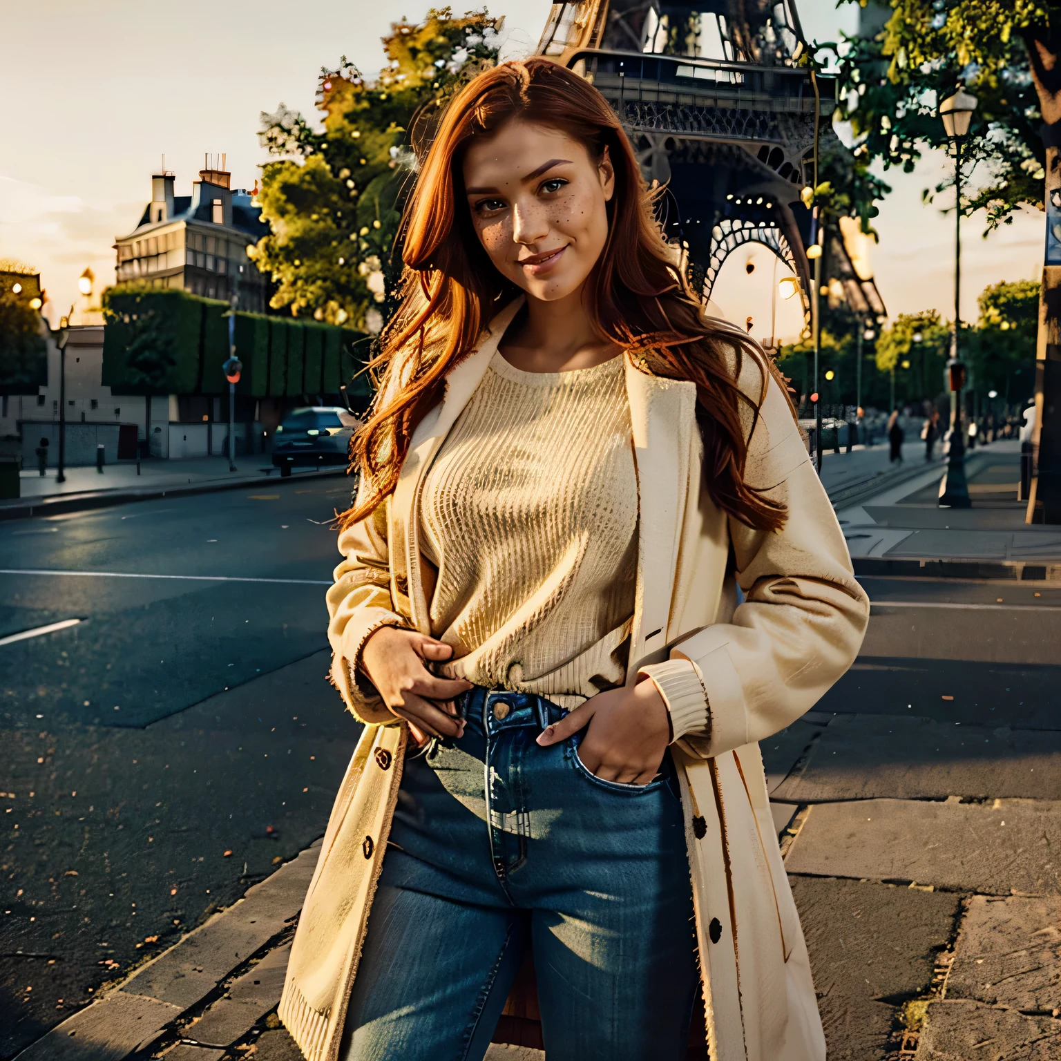 photo full body of one young 25 year old girl with long waved glowing red hair, green beautiful eyes, with cute and desirable face illuminated by golden-hour sunlight, with light freckles, ultra realistic, happily smiling, 8k, 4k, natural skin, textured skin, medium breast, perfect butt, instagram model, positioned in front of the Tour Eiffel wearing a yellow big winter coat with a white sweater and jeans