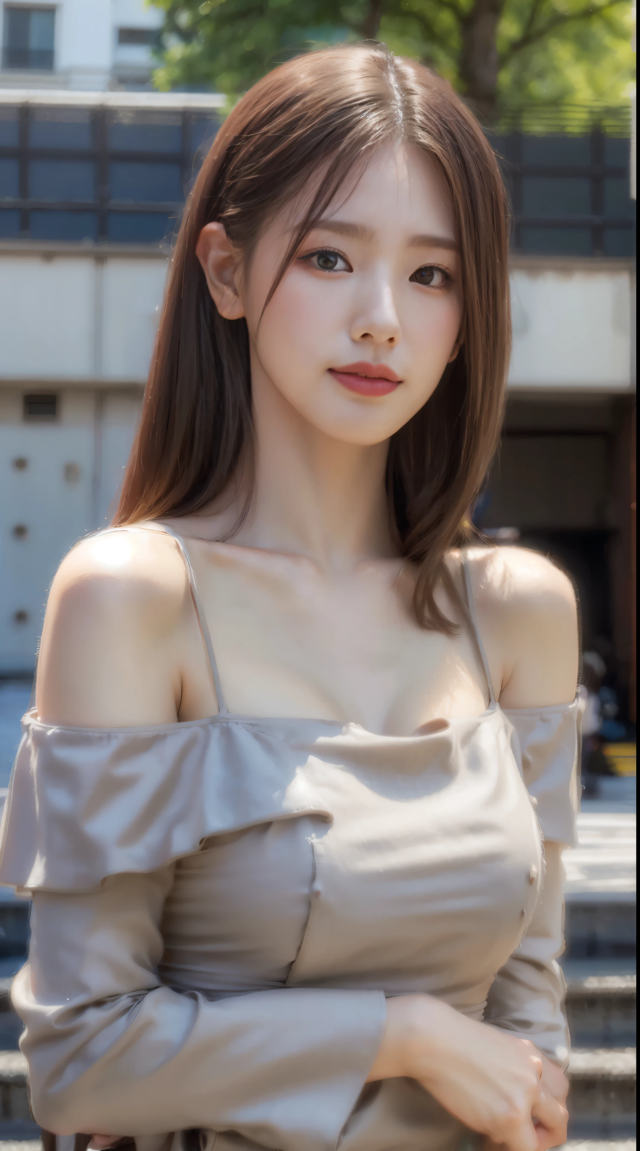 Best Quality, masutepiece, 超A high resolution, (Photorealistic:1.4), Raw photo, 1girl in, plein air, gros-plan, Looking at Viewer, Black Dress, off shoulders,Platinum brown hair