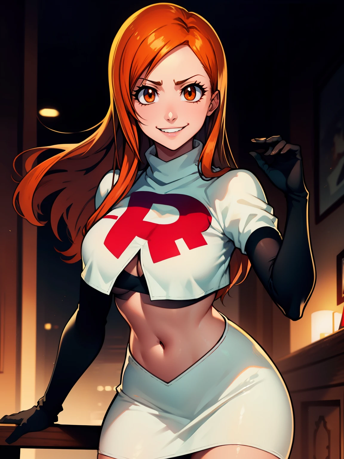 orihime, long hair, orange hair, brown eyes, glossy lips ,team rocket uniform, red letter R, white skirt,white crop top,black thigh-high boots, black elbow gloves, evil sinister smile, evil face ,looking at viewer, cowboy shot