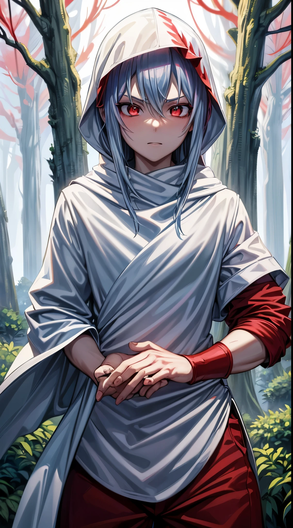 (an adult tensei shitara slime anime character) Rimuru Tempest, with prominent and piercing eyes of a (((scarlet red))), which exude an aura of cold determination and a sharp intelligence, (hair is light heavenly blue), flowing and smooth, neutral mouth, cold gaze, reflecting an unshakable personality and an indomitable spirit, The white hood that covers the character's head adds a touch of mystery and nobility, complementing his enigmatic and powerful presence, complete character, ((( setting in the forest))), white skin, highly detailed scenery, (student outfit), (checkered skirt)