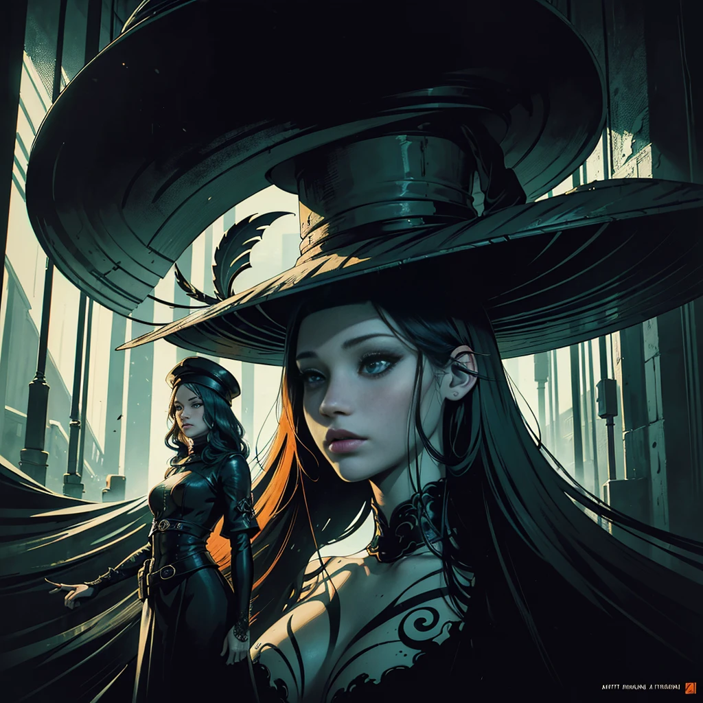 (Original art with ink:1.2),(linear art:1.31),portraitures,Jennifer Lawrence, inside, underground room,(Depth),Giant hat,Dramatic,Poster Art,(Hyper Definition),an orange、A black、verdant,(fine lines),Horror aesthetics,composite lighting,creepy,(finely detail:1.3),RAW format,(limited pallete),clean,Convoluted