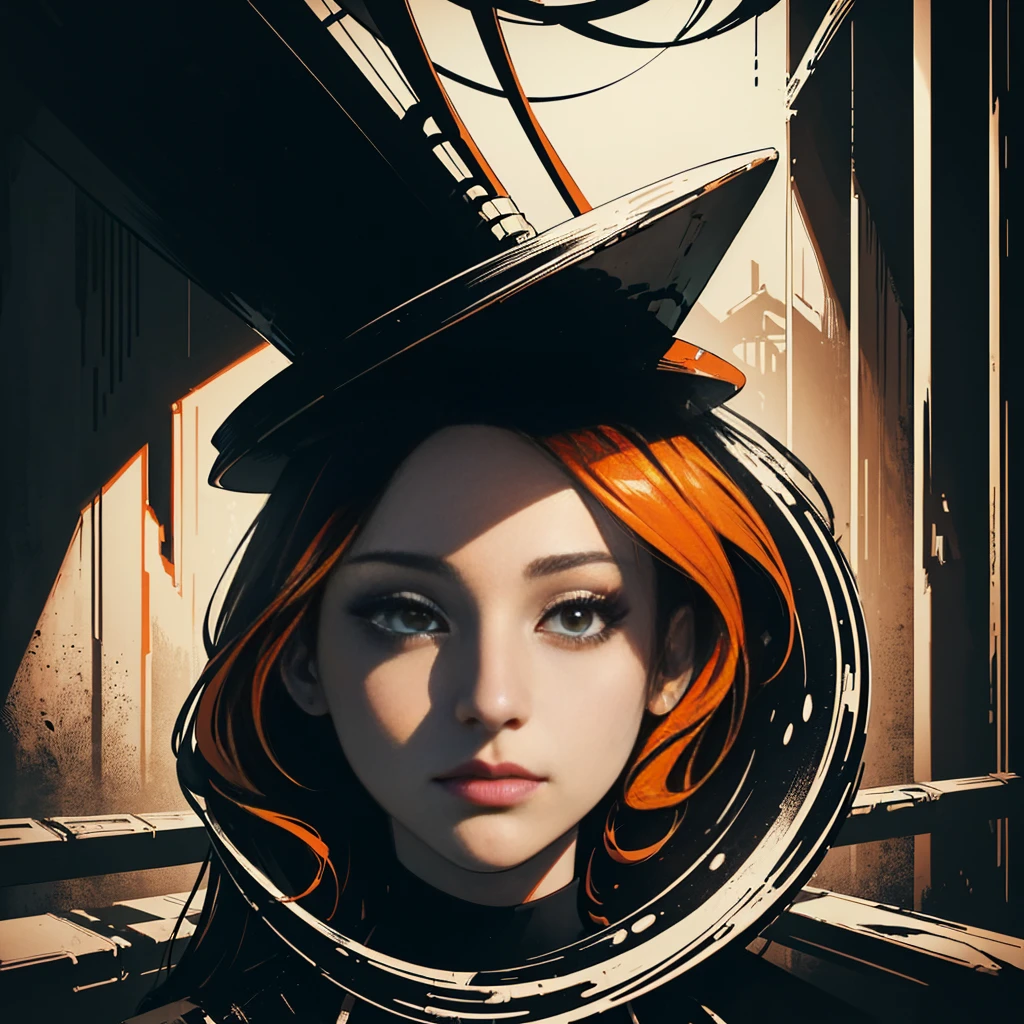 (Original art with ink:1.2),(linear art:1.31),portraitures,Jennifer Lawrence, inside, underground room,(Depth),Giant hat,Dramatic,Poster Art,(Hyper Definition),an orange、A black、verdant,(fine lines),Horror aesthetics,composite lighting,creepy,(finely detail:1.3),RAW format,(limited pallete),clean,Convoluted