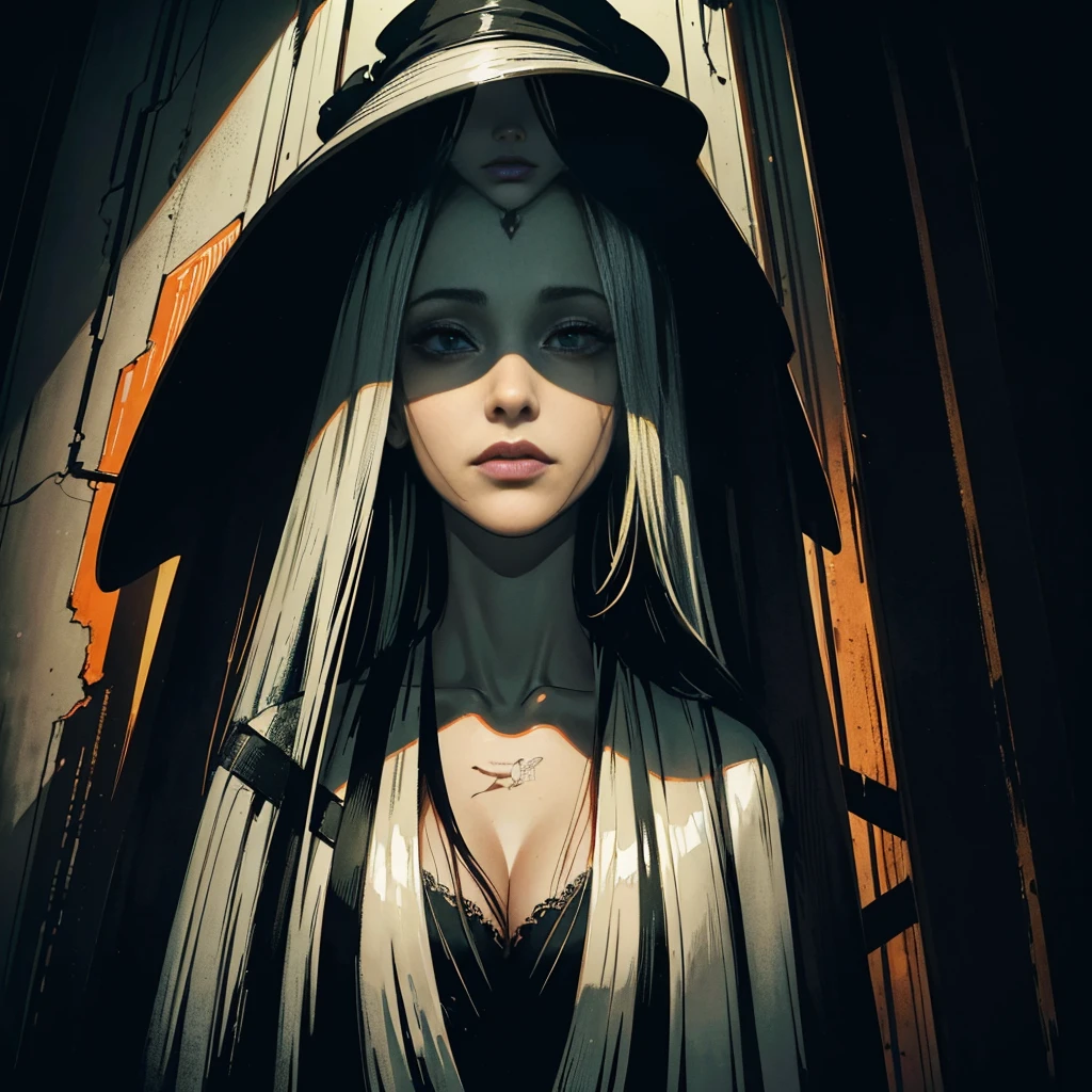 (Original art with ink:1.2),(linear art:1.31),portraitures,Jennifer Garner, inside, underground room,(Depth),Giant hat,Dramatic,Poster Art,(Hyper Definition),an orange、A black、verdant,(fine lines),Horror aesthetics,composite lighting,creepy,(finely detail:1.3),RAW format,(limited pallete),clean,Convoluted