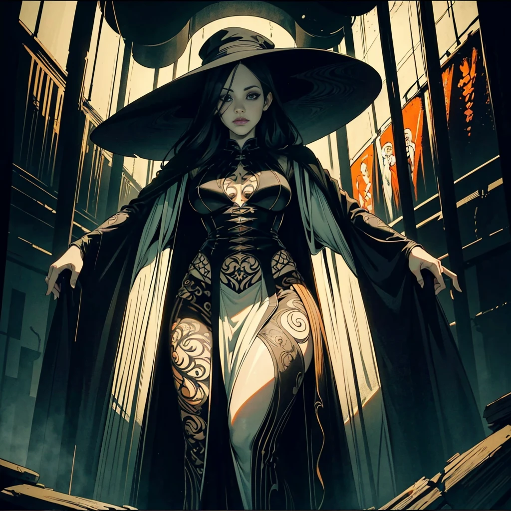 (Original art with ink:1.2),(linear art:1.31),portraitures,Jennifer Garner, inside, underground room,(Depth),Giant hat,Dramatic,Poster Art,(Hyper Definition),an orange、A black、verdant,(fine lines),Horror aesthetics,composite lighting,creepy,(finely detail:1.3),RAW format,(limited pallete),clean,Convoluted