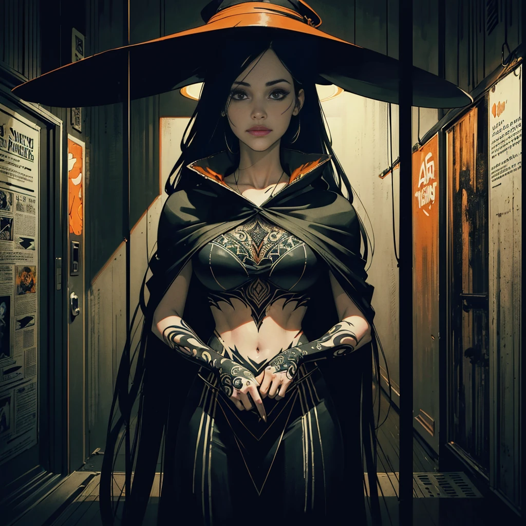(Original art with ink:1.2),(linear art:1.31),portraitures,Jessica Alba, inside, underground room,(Depth),Giant hat,Dramatic,Poster Art,(Hyper Definition),an orange、A black、verdant,(fine lines),Horror aesthetics,composite lighting,creepy,(finely detail:1.3),RAW format,(limited pallete),clean,Convoluted
