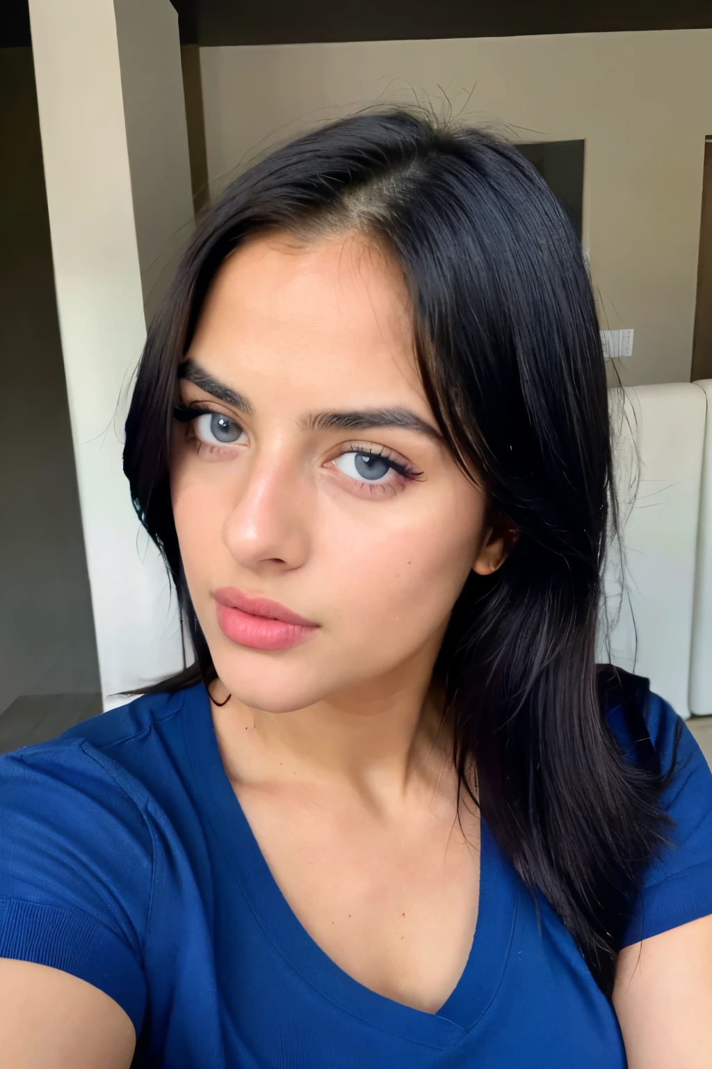 unique face, similar to katrina kaif but not exact, beautiful girl, wearing blue shirt, red booty shorts,(detailed), Face with Artgram, fine makeup, looking sexy, blue eyes, black hair and big eyes, natural makeup, Looking directly at camera,
