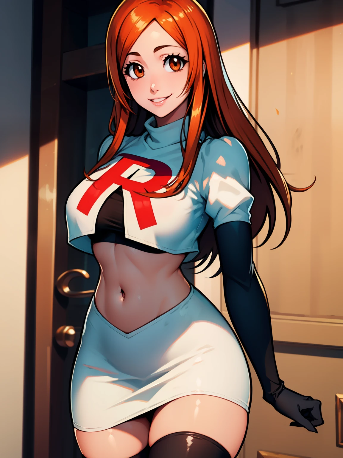 orihime, long hair, orange hair, brown eyes, glossy lips ,team rocket uniform, red letter R, white skirt,white crop top,black thigh-high boots, black elbow gloves, smile ,looking at viewer, cowboy shot