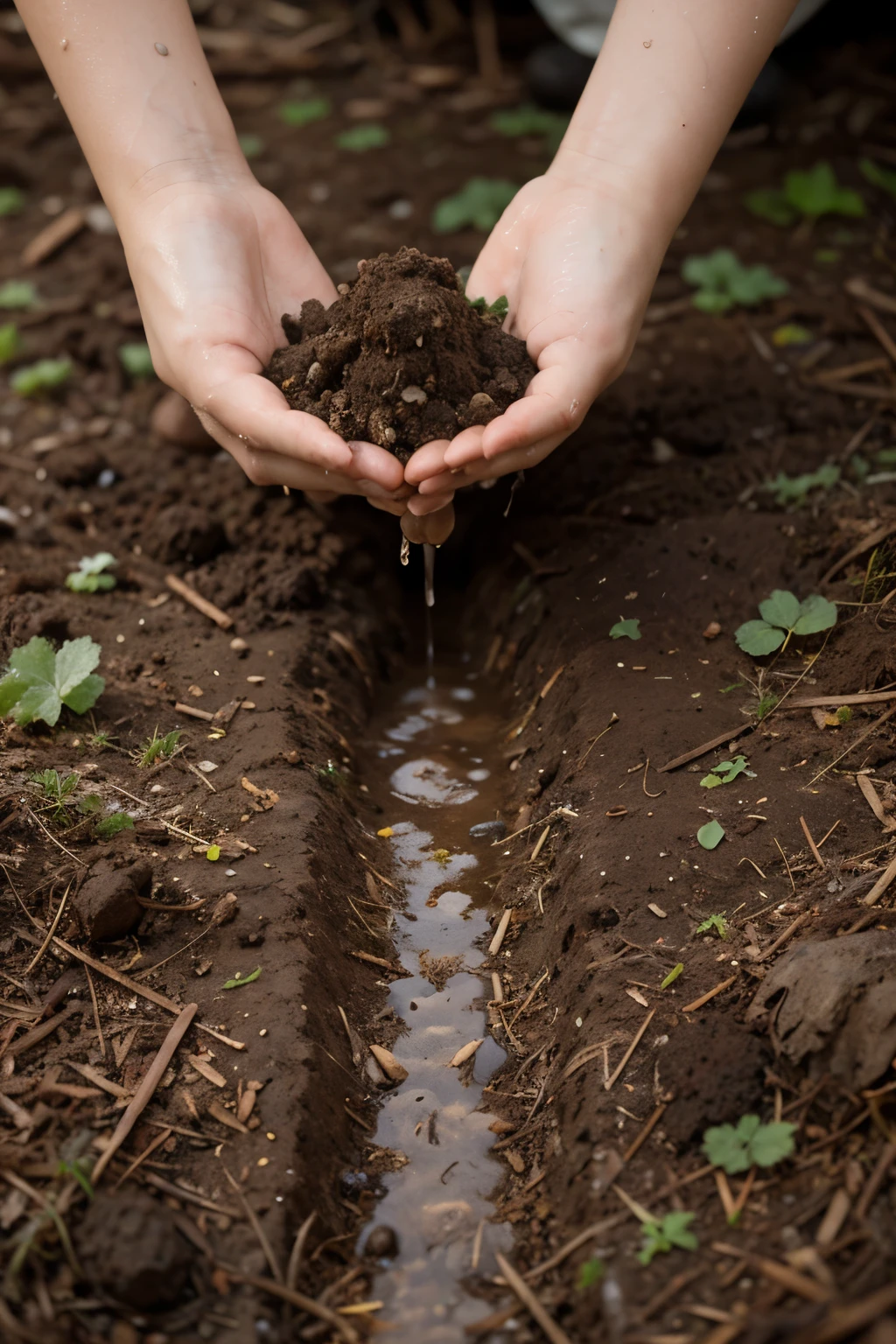Generate an image of soil microorganisms, such as bacteria, fungi, and insects, interacting with organic matter and nutrients in the soil. Include elements like water, oxygen, and carbon dioxide to represent the soil's environmental conditions.