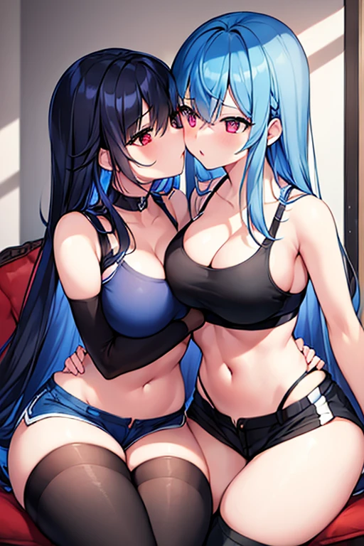 2girls, blue hair, dark blue hair, long hair, red eyes, long hair, breasts, large breasts, wide hips, thick thighs, sports bra, black sports bra, blue trim, shorts, fingerless gloves, black thighhighs, thighhighs, gloves, kissing, kiss, french kiss, yuri