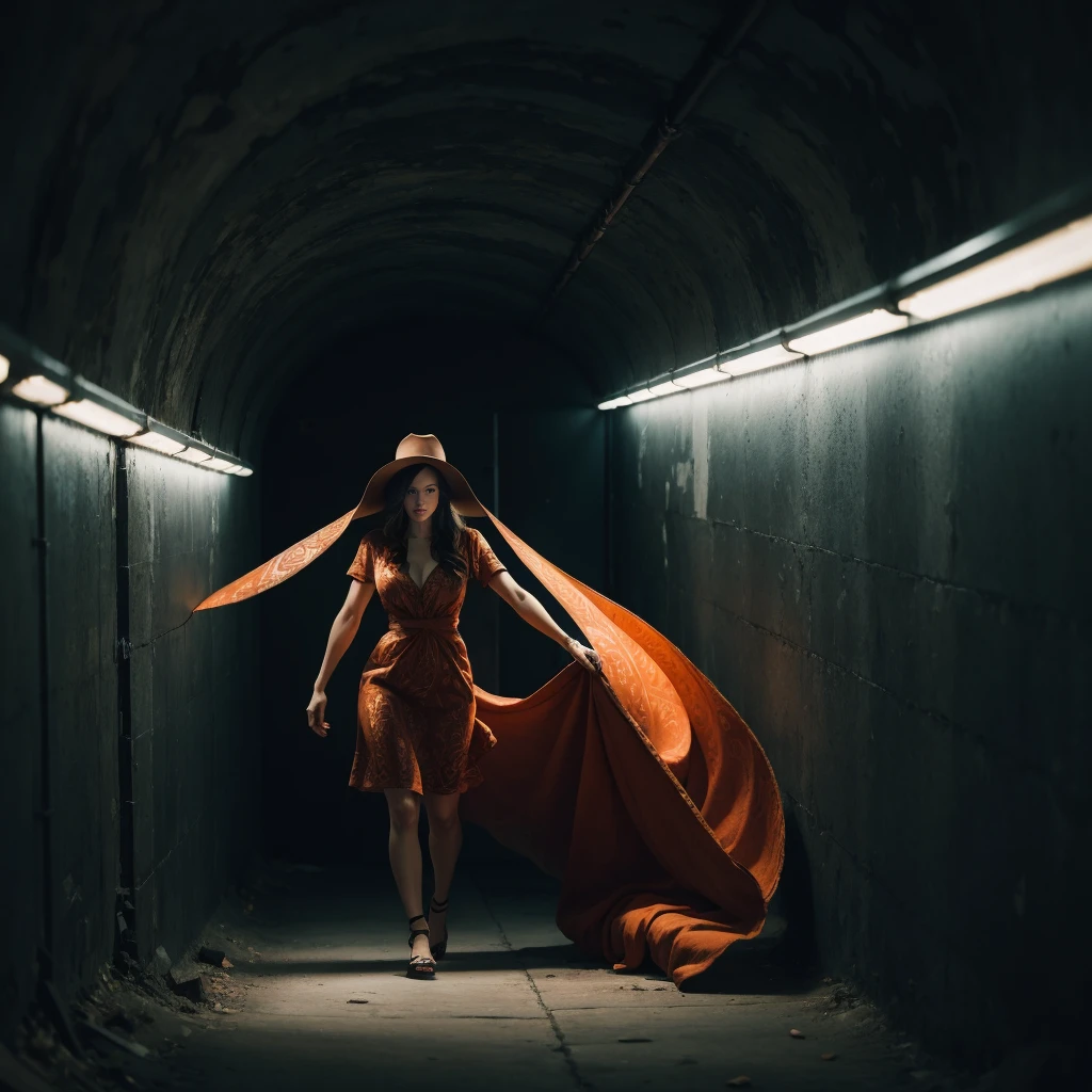 (Original art with ink:1.2),(linear art:1.31),portraitures,Jennifer Garner, inside, underground room,(Depth),Giant hat,Dramatic,Poster Art,(Hyper Definition),an orange、A black、verdant,(fine lines),Horror aesthetics,composite lighting,creepy,(finely detail:1.3),RAW format,(limited pallete),clean,Convoluted