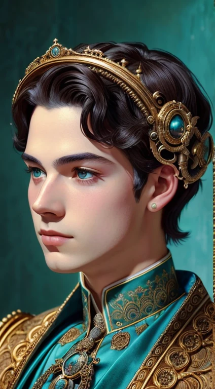 Best Quality, Masterpiece, Super High Resolution, (Realism: 1.4), absurdress, cinema light photographs of historical characters, 1 boy, very young and handsome prince 19 years old! (anatomically correct),(a handsome) Decorating royal clothes with gold, shapely body, Short Hair Hair, turquoise eyes, Dear crown on your head ! , Extremely detailed face, in an expensive royal castle, Fantasy sci-fi creatures, surRealism, steampunc, intricate design, Extremely detailed, exquisite details,