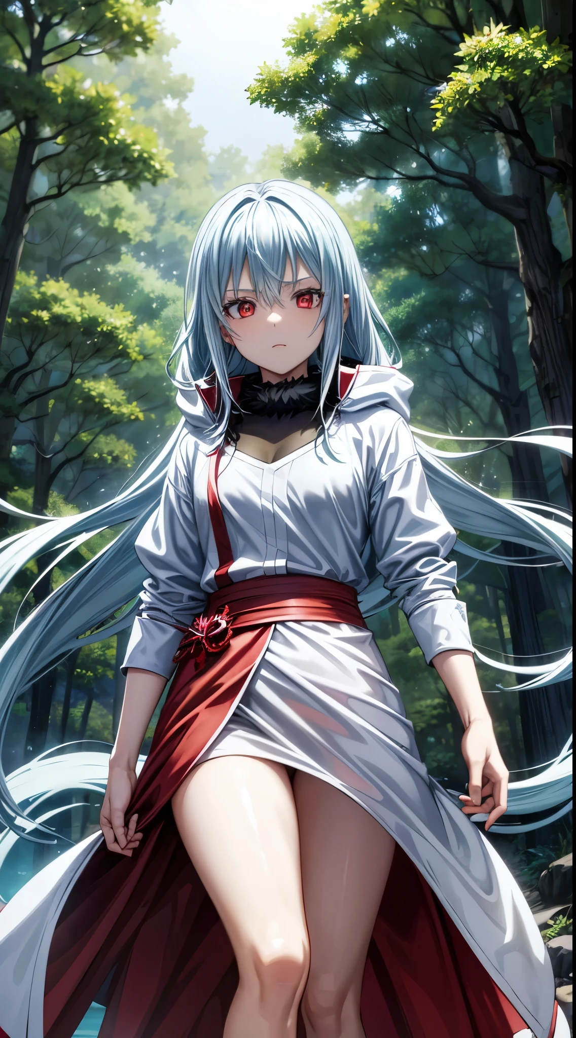 (an adult tensei shitara slime anime character) Rimuru Tempest, with prominent and piercing eyes of a (((scarlet red))), which exude an aura of cold determination and a sharp intelligence, (hair is light heavenly blue), flowing and smooth, neutral mouth, cold gaze, reflecting an unshakable personality and an indomitable spirit, The white hood that covers the character's head adds a touch of mystery and nobility, complementing his enigmatic and powerful presence, complete character, ((( setting in the forest))), white skin, highly detailed scenery, (female student outfit), (checkered skirt)