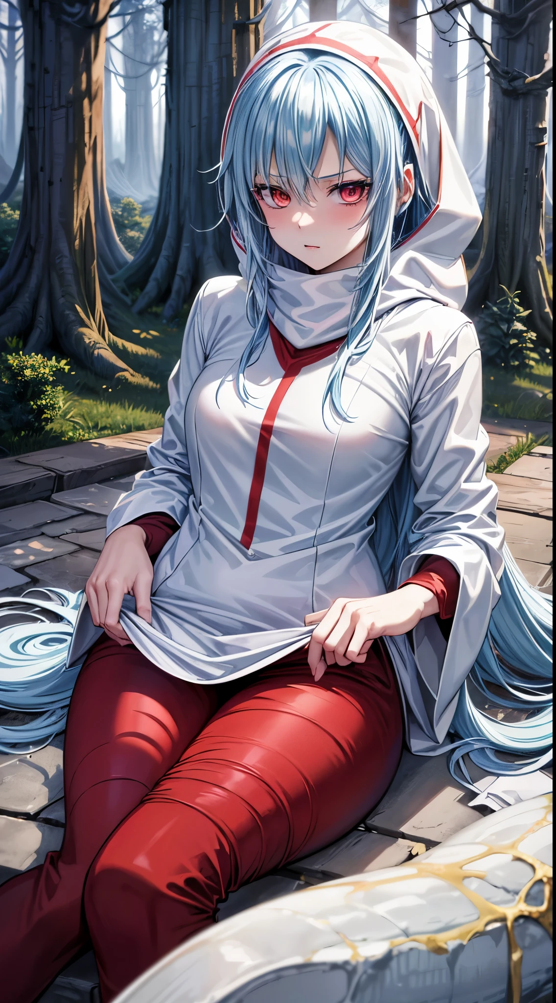 (an adult tensei shitara slime anime character) Rimuru Tempest, with prominent and piercing eyes of a (((scarlet red))), which exude an aura of cold determination and a sharp intelligence, (hair is light heavenly blue), flowing and smooth, neutral mouth, cold gaze, reflecting an unshakable personality and an indomitable spirit, The white hood that covers the character's head adds a touch of mystery and nobility, complementing his enigmatic and powerful presence, complete character, ((( setting in the forest))), white skin, highly detailed scenery, (female student outfit), (checkered skirt)