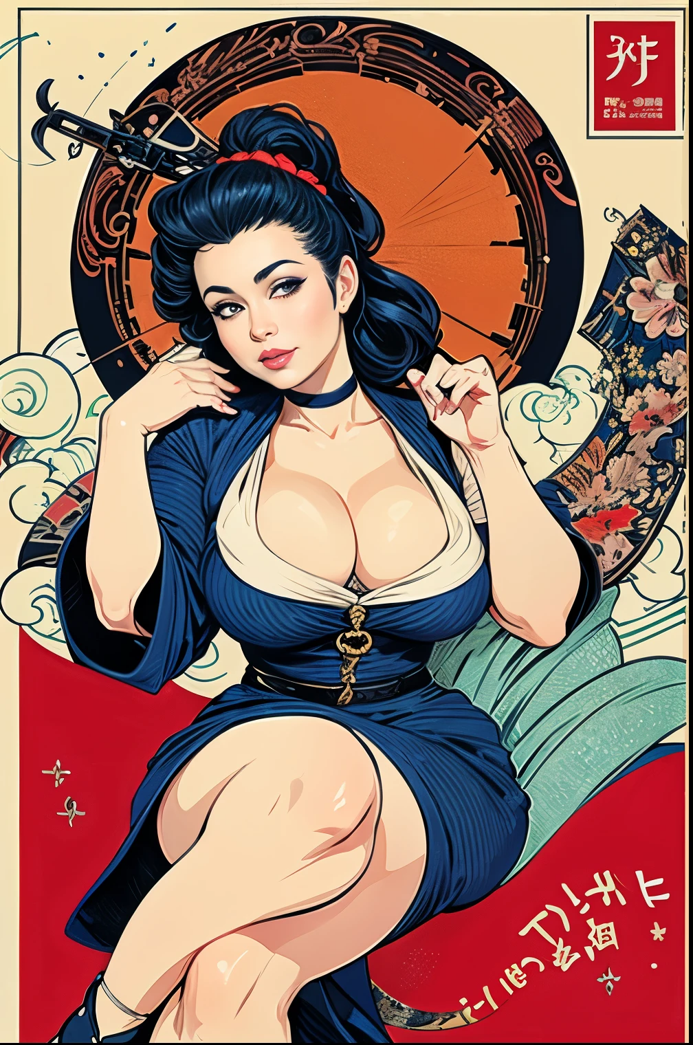 ((masterpiece)), (best quality), (cinematic), An ultra fine detailed Ukiyo-e painting in style of Joseph Christian Leyendecker, high heels magazine cover, 1girl, milf, mature woman, chubby woman, fashionable, full body, modern, Christmas style, large breasts, big eyes, long thick eyelashes, cleavage, full lips, chubby cheeks, long thick hair,  high ponytail, accessories, style of Joseph Christian Leyendecke,