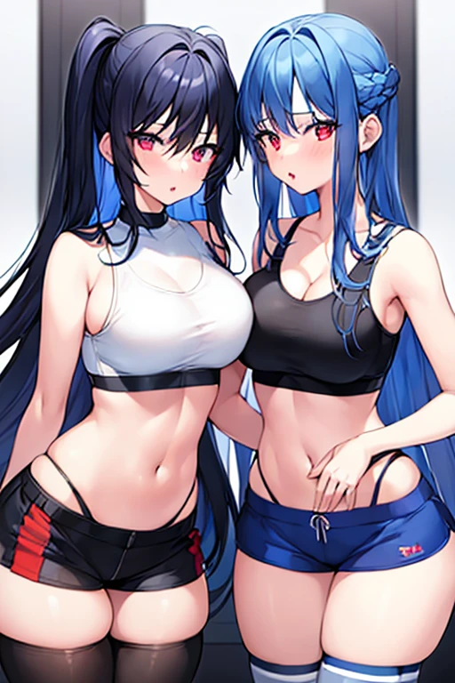 2girls, blue hair, dark blue hair, long hair, red eyes, long hair, breasts, large breasts, wide hips, thick thighs, sports bra, black sports bra, shorts, thighhighs, kissing, kiss, french kiss, yuri, tongue, lesbian