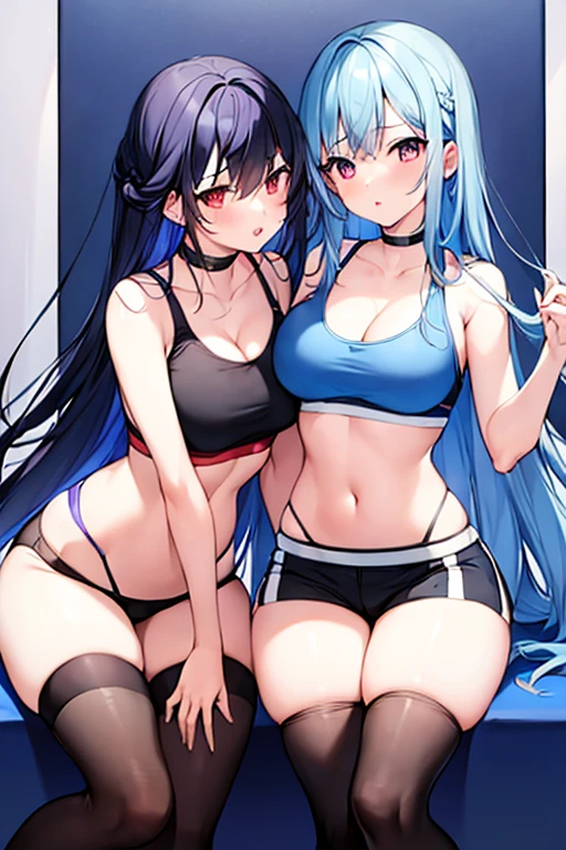 2girls, blue hair, dark blue hair, long hair, red eyes, long hair, , , wide , thick thighs, sports bra, black sports bra, shorts, thighhighs, kissing, kiss, french kiss, yuri, tongue, lesbian