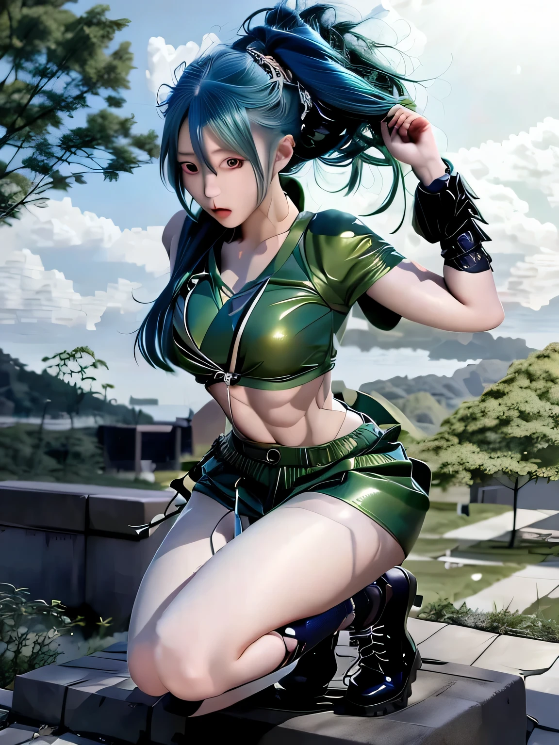 oriental woman, blue hair, black glove, green outfit, blue eyes, ultra realistic image