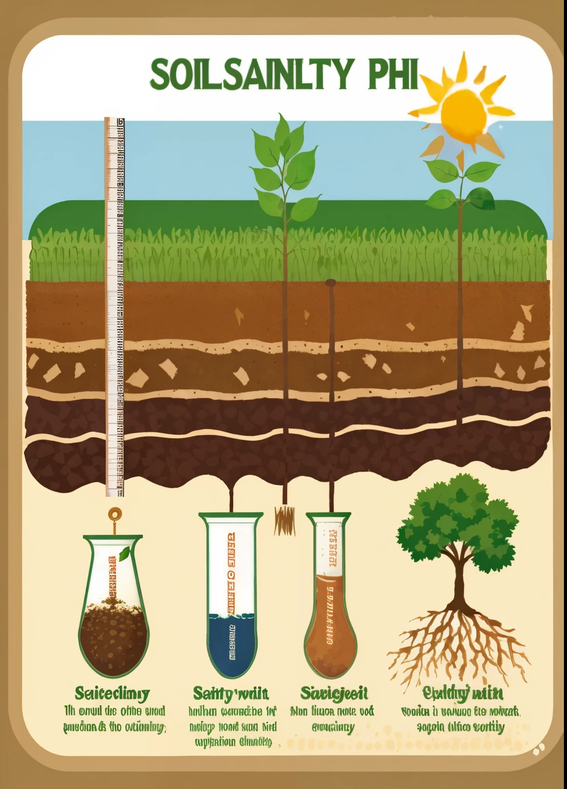 a cartoon of soil and soil phy with a tree and a measuring ruler, soil, nitrogen-rich soil, soil landscape, earthy, saintly, plant, graphic illustration, plant sap, sophisiticated, sus, scientist, gardening, dirty, son, slightly smooth, brown skin like soil, good graphic, infographic, scientific diagram, high quality image”