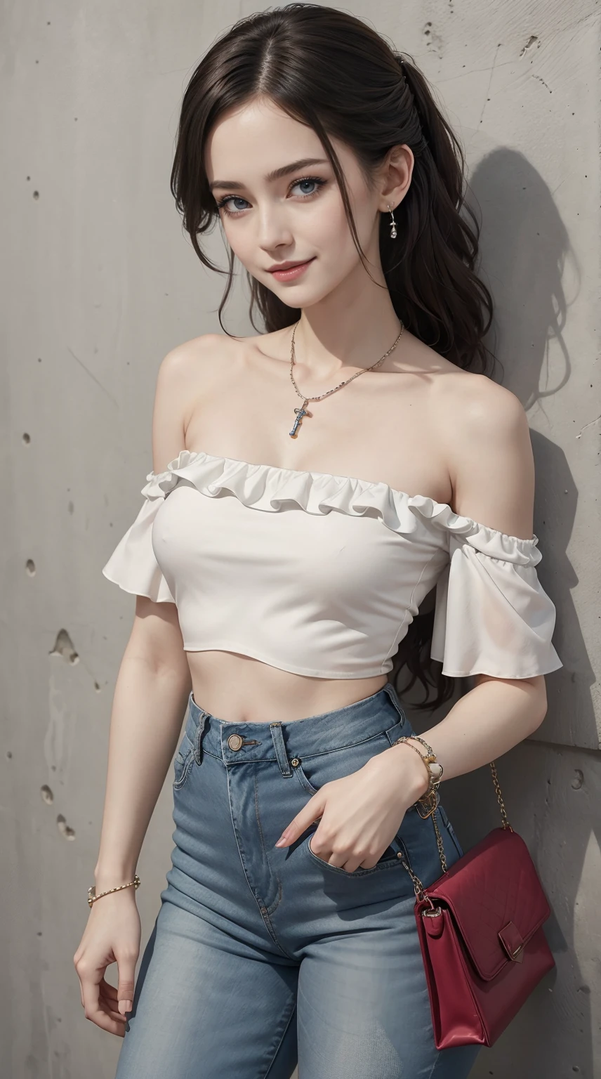 26 year old white woman、Hair is brunette、Eye color is blue、Longhaire、Slender but well-proportioned muscular body、She is wearing a frilly one-shoulder top.、wearing skinny jeans、wearing a rosary necklace、accessories on the wrist、setting hair、a smile、I have a clutch bag、I am in front of a wall with wall art written on it.、I'm so excited、I'm pulling my hair up、