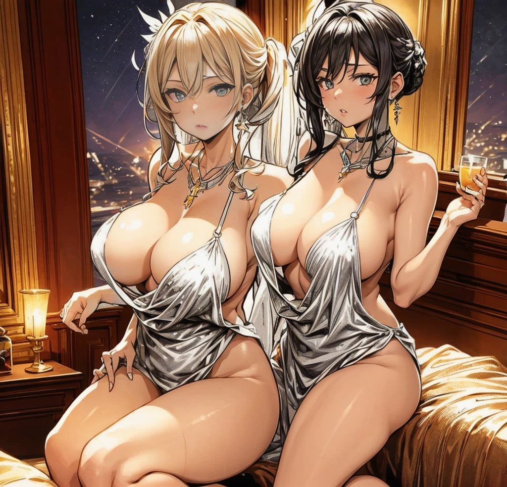 ((tmasterpiece,best qualtiy)),huge tit,Blush, Blonde hair, st louis\(luxurious wheels\) \(azur lane\), High- sharpness, HighestQuali, illustratio, cinematric light, ultra - detailed, 详细的脸, (Detailed eyeest qualtiy, ultra - detailed, tmasterpiece, (详细的脸),big cleavage breasts, hair adornments, 耳Nipple Ring, choker necklace, sportrait, silver lingerie, Clothing that exposes, higher detailed, glowing light eyes, (inns: 1.2), sit on a bed, Sat down, Beds, janelas, nigh sky, The light from the back window is backlighted, llight rays, (hight contrast), (a color),Three girls,