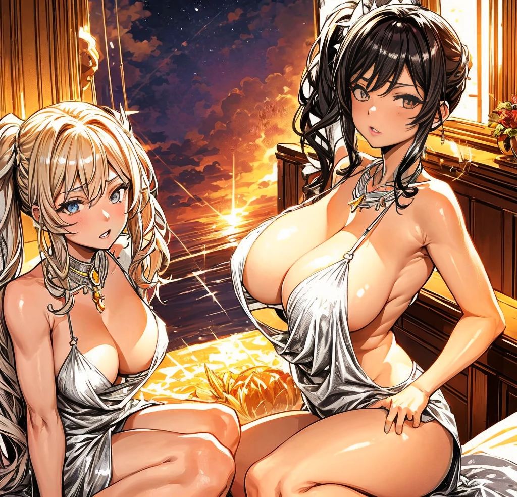 ((tmasterpiece,best qualtiy)),huge tit,Blush, Blonde hair, st louis\(luxurious wheels\) \(azur lane\), High- sharpness, HighestQuali, illustratio, cinematric light, ultra - detailed, 详细的脸, (Detailed eyeest qualtiy, ultra - detailed, tmasterpiece, (详细的脸),big cleavage breasts, hair adornments, 耳Nipple Ring, choker necklace, sportrait, silver lingerie, Clothing that exposes, higher detailed, glowing light eyes, (inns: 1.2), sit on a bed, Sat down, Beds, janelas, nigh sky, The light from the back window is backlighted, llight rays, (hight contrast), (a color),Three girls,
