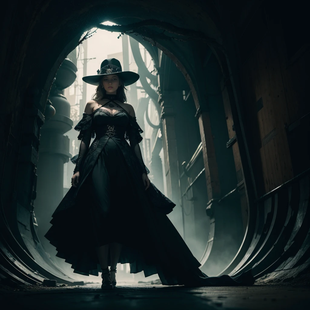 (Original art with ink:1.2),(linear art:1.31),portraitures,Jennifer Lawrence, inside, underground room,(Depth),Giant hat,Dramatic,Poster Art,(Hyper Definition),an orange、A black、verdant,(fine lines),Horror aesthetics,composite lighting,creepy,(finely detail:1.3),RAW format,(limited pallete),clean,Convoluted