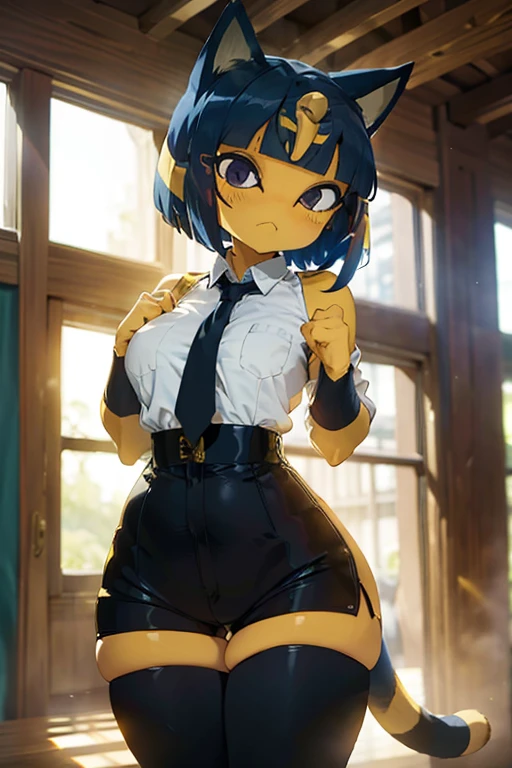 ankha, anime style, catgirl, cat ears, yellow fur, blue hair, blue cat tail, yellow stripes tail, shorts hair, wide hips, thick thighs, huge round ass, medium breast, business suit, formal suit, white shirt, long sleeve black formal suit, black necktie, black strict trouser, secretary pose, office, absurdres, high res, ultrasharp, 8K, masterpiece, looking at viewer