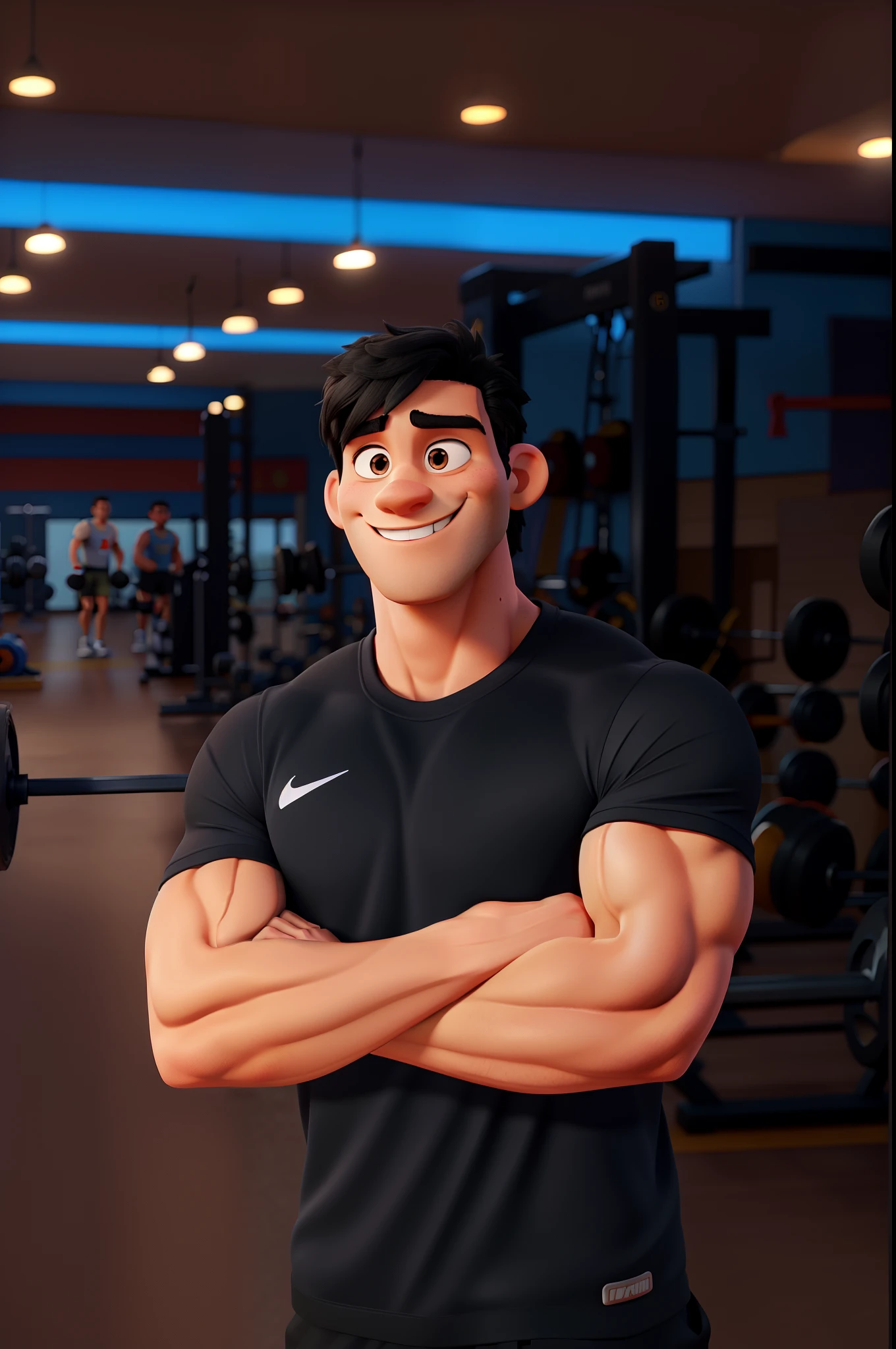 Muscular man, smiling, straight black hair, in a weight training gym, disney pixar style, high quality, best quality