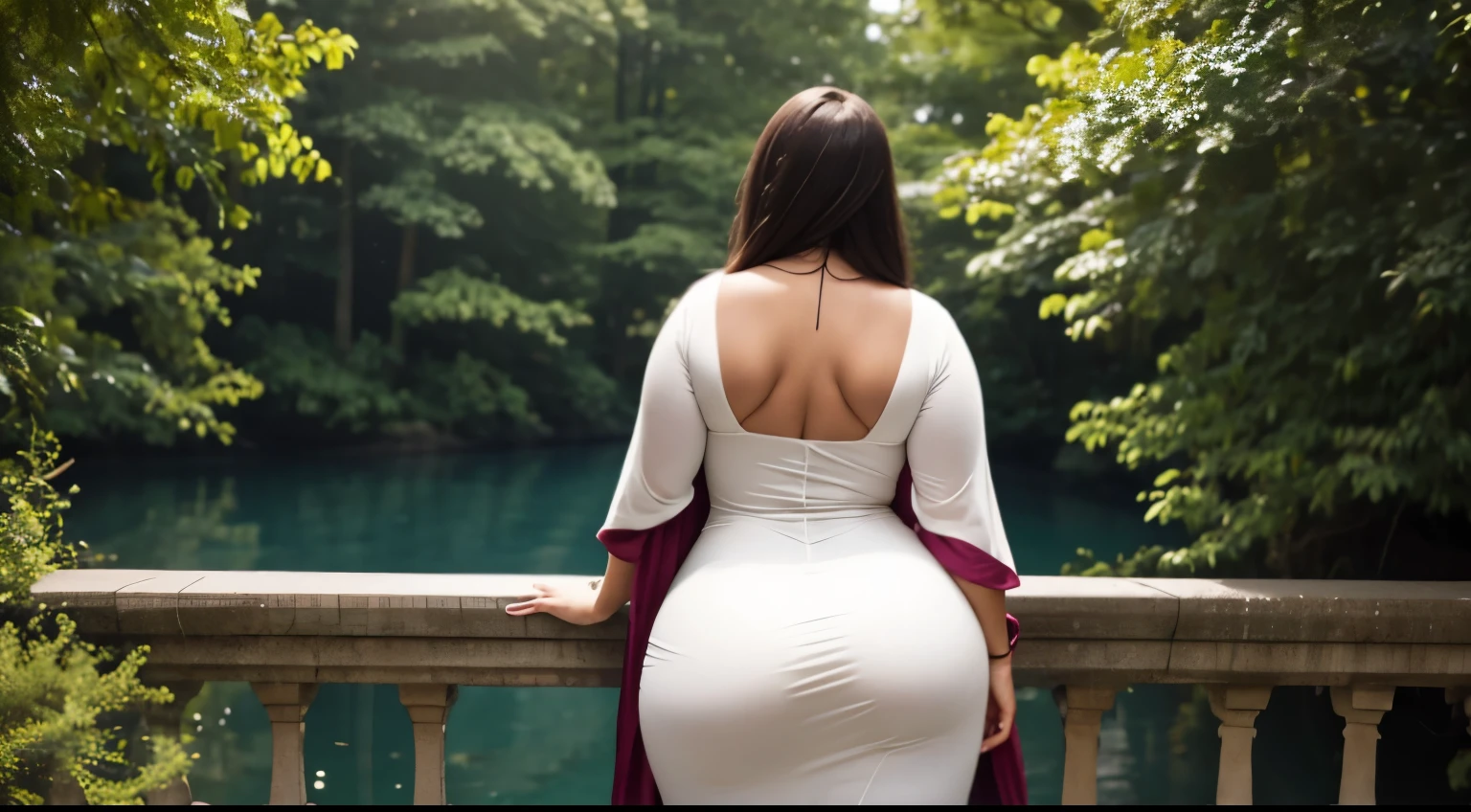 A woman with a big body and a beautiful leaning with beautiful clothes from behind the camera