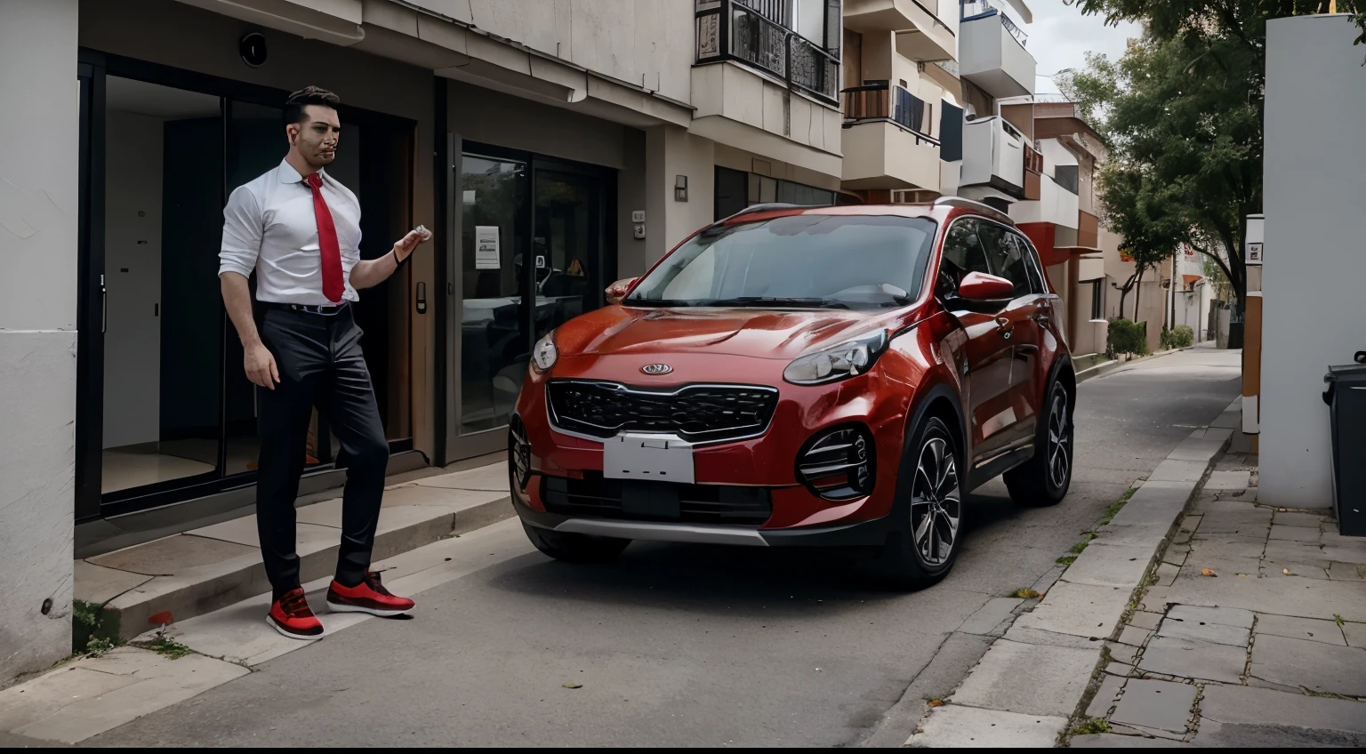 A photo of a red red 2021 Kia Sportage parked in front of a residential block on a street, the driver's door is opened opened, out of the car steps a 27-year-old Moldovan man dressed in a white shirt, blue tie and black trousers.