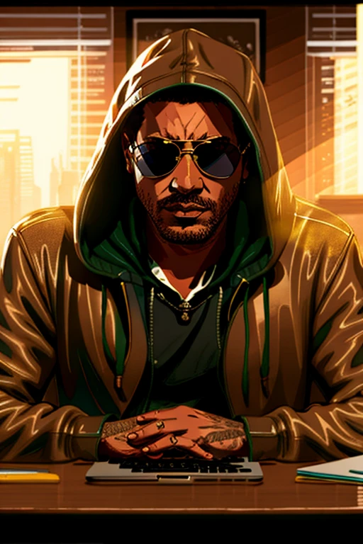 arafed man in a hoodie and sunglasses sitting at a desk with a laptop, sage ( valorant ), pandemic, artwork in the style of guweiz, inspired by Liam Wong, realistic artstyle, atey ghailan 8 k, rossdraws global illumination, in style of atey ghailan, cyril rolando and goro fujita,in a mask,