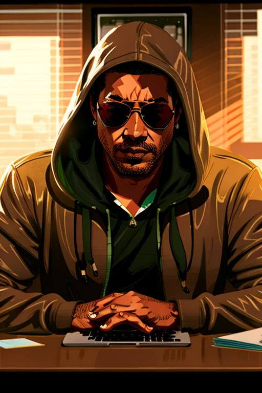 arafed man in a hoodie and sunglasses sitting at a desk with a laptop, sage ( valorant ), pandemic, artwork in the style of guweiz, inspired by Liam Wong, realistic artstyle, atey ghailan 8 k, rossdraws global illumination, in style of atey ghailan, cyril rolando and goro fujita,in a mask,