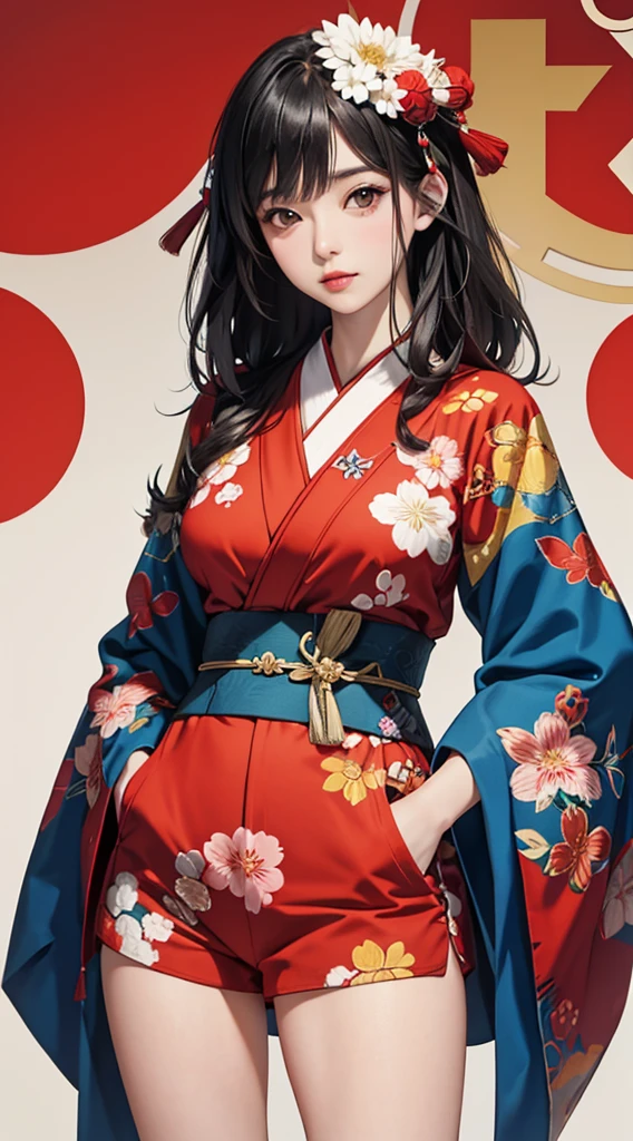 ((8k wallpaper of extremely detailed CG unit, ​masterpiece, hight resolution, top-quality, top-qualityのリアルテクスチャスキン)), (a very beautiful woman, Plump lips, The upper part of the body, Hands in pockets:1.5, Japanese pattern blouson:1.2, Japanese pattern micro mini shorts:1.2), (A dark-haired, hair messy, de pele branca, small tit), ((Colorful background with geometric patterns, Japanese pattern background, warm color)), (hyper realisitic, digitial painting),