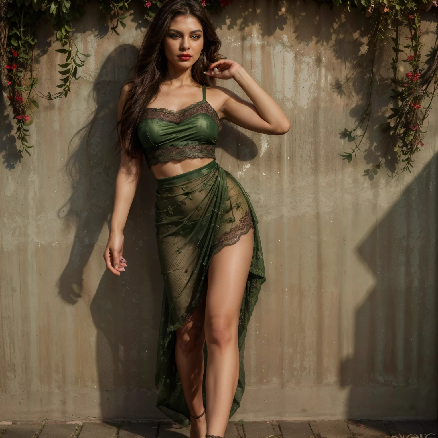 (best quality,4k,8k,highres,masterpiece:1.2),ultra-detailed,(realistic,photorealistic,photo-realistic:1.37),portraits,detailed eyes,detailed lips,long dark hair,green eyes,flawless skin,expressive features,graceful pose,wearing a flowing dress,standing in a vibrant garden,with colorful flowers and lush greenery,soft sunlight illuminating her face,vivid colors,subtle shadows,impeccable composition,elegant atmosphere,sublime beauty,pure serenity,with a hint of mystery,creating a timeless masterpiece.
