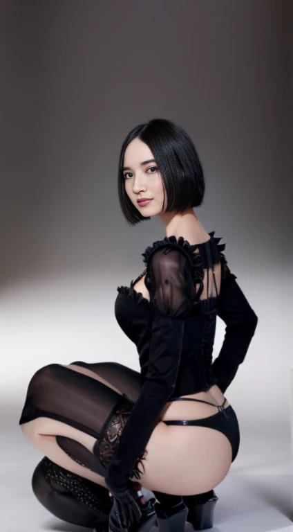 Gothic ta、full bodyesbian,Ahegao⦅J Cup Breasts⦆,⦅Skin revealing⦆、Chest spreads from side to side、gigantic cleavage breasts、absolutely outstanding image, very extremely beautiful、masterpiece, top-quality,a picture, kawaii、8K、In the church of Gothic architecture、Skirts with a length that shows underwear、Black underwear and garter stockings、high-level image quality、Short Bob Hair、I have a skirt,leather sexy corset:1.2,Gothic loliク:1.2、body facing the camera、Provocative facial expressions、Smile expression、Crouching